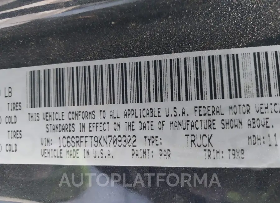 RAM 1500 2019 vin 1C6SRFFT9KN709302 from auto auction Iaai