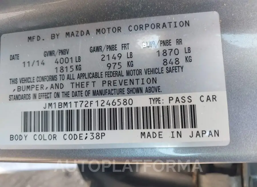 MAZDA MAZDA3 2015 vin JM1BM1T72F1246580 from auto auction Iaai