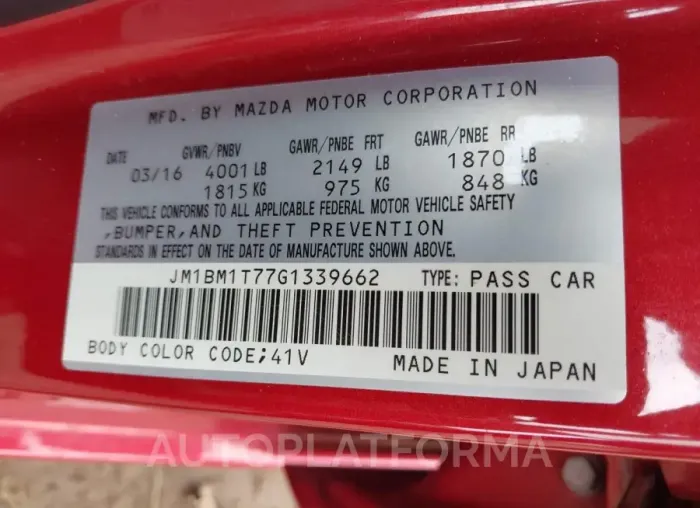 MAZDA MAZDA3 2016 vin JM1BM1T77G1339662 from auto auction Iaai