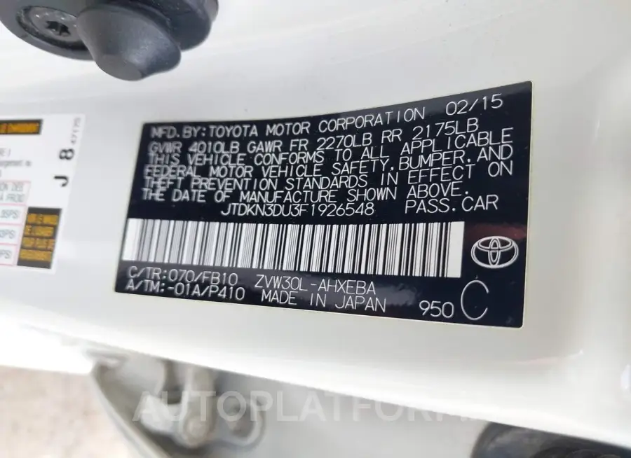 TOYOTA PRIUS 2015 vin JTDKN3DU3F1926548 from auto auction Iaai