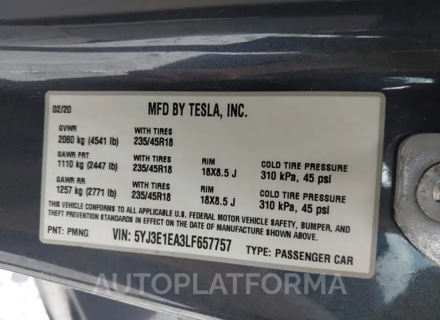 TESLA MODEL 3 2020 vin 5YJ3E1EA3LF657757 from auto auction Iaai