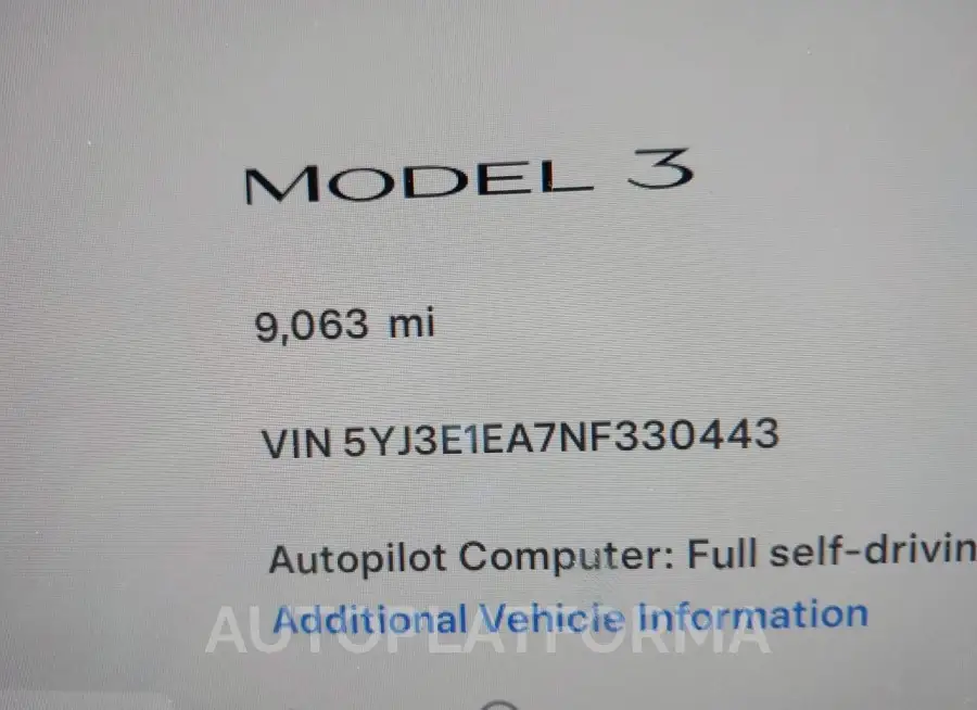 TESLA MODEL 3 2022 vin 5YJ3E1EA7NF330443 from auto auction Iaai