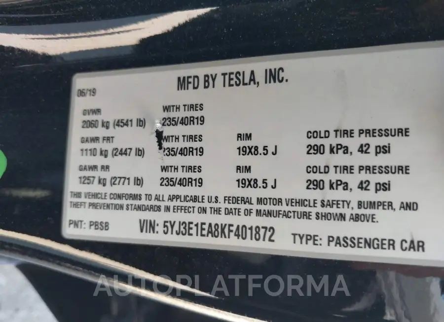 TESLA MODEL 3 2019 vin 5YJ3E1EA8KF401872 from auto auction Iaai