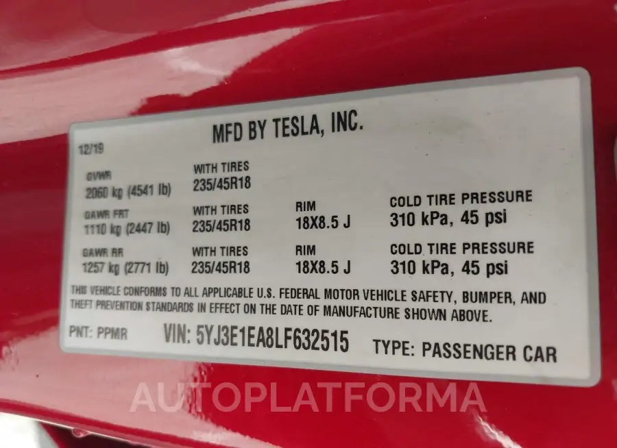 TESLA MODEL 3 2020 vin 5YJ3E1EA8LF632515 from auto auction Iaai