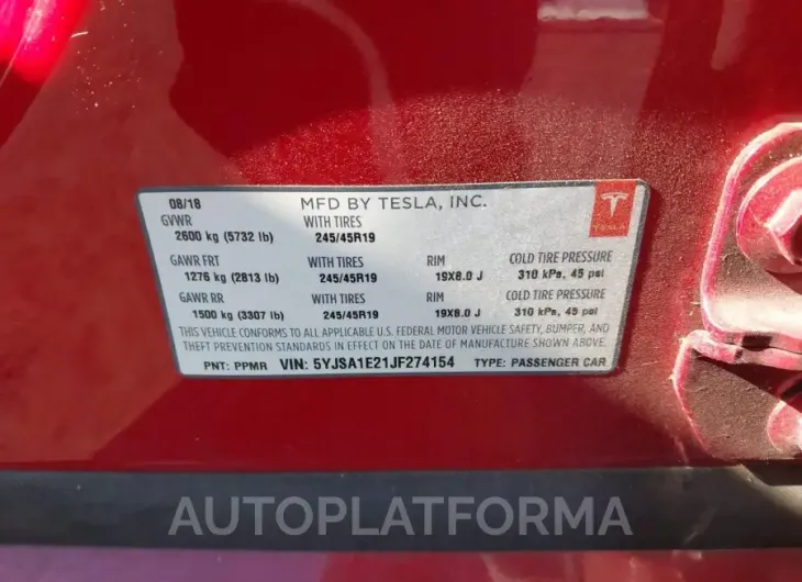 TESLA MODEL S 2018 vin 5YJSA1E21JF274154 from auto auction Iaai