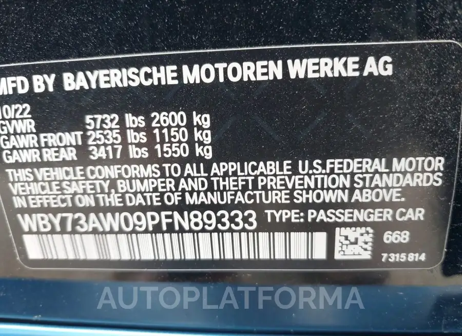 BMW I4 2023 vin WBY73AW09PFN89333 from auto auction Iaai