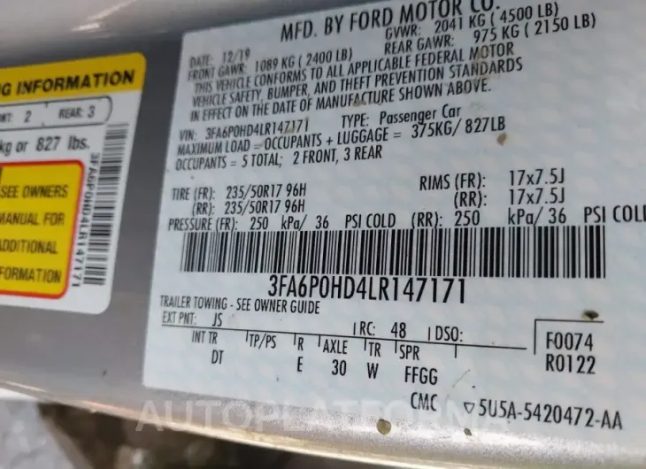 FORD FUSION 2020 vin 3FA6P0HD4LR147171 from auto auction Iaai