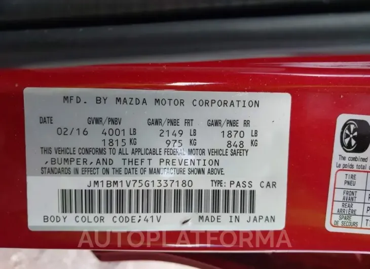 MAZDA MAZDA3 2016 vin JM1BM1V75G1337180 from auto auction Iaai