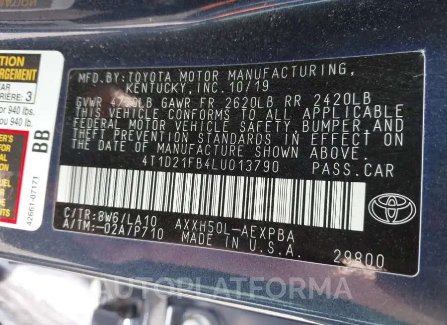 TOYOTA AVALON HYBRID 2020 vin 4T1D21FB4LU013790 from auto auction Iaai