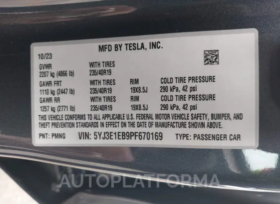 TESLA MODEL 3 2023 vin 5YJ3E1EB9PF670169 from auto auction Iaai