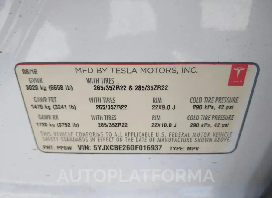 TESLA MODEL X 2016 vin 5YJXCBE26GF016937 from auto auction Iaai