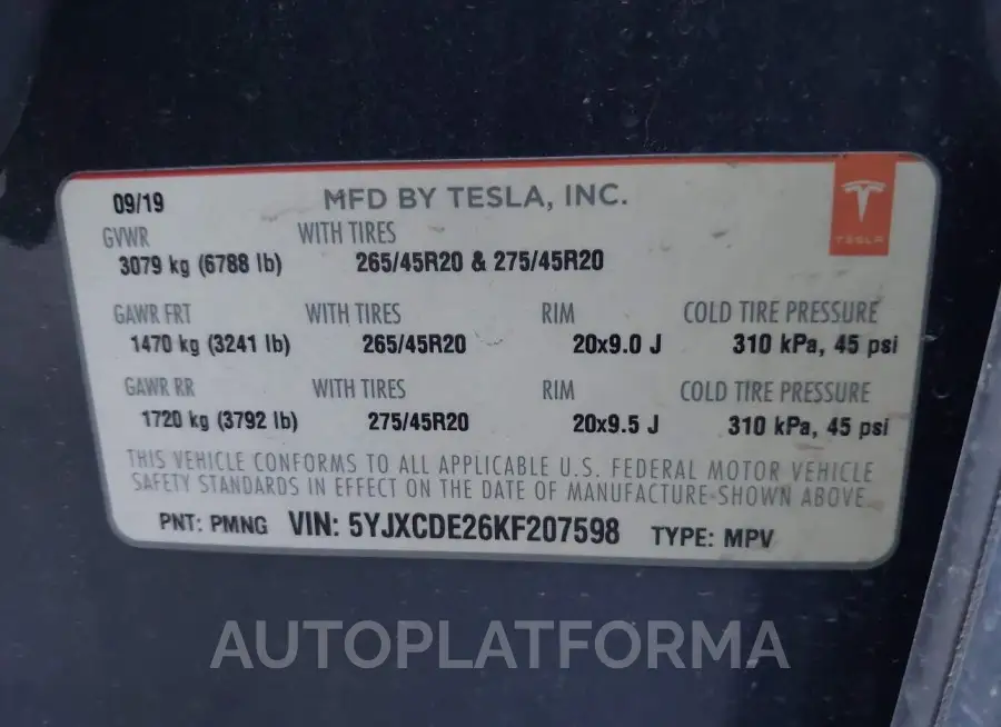 TESLA MODEL X 2019 vin 5YJXCDE26KF207598 from auto auction Iaai