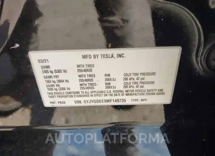 TESLA MODEL Y 2021 vin 5YJYGDEE9MF149735 from auto auction Iaai