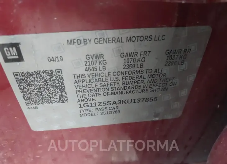 CHEVROLET IMPALA 2019 vin 1G11Z5SA3KU137855 from auto auction Iaai