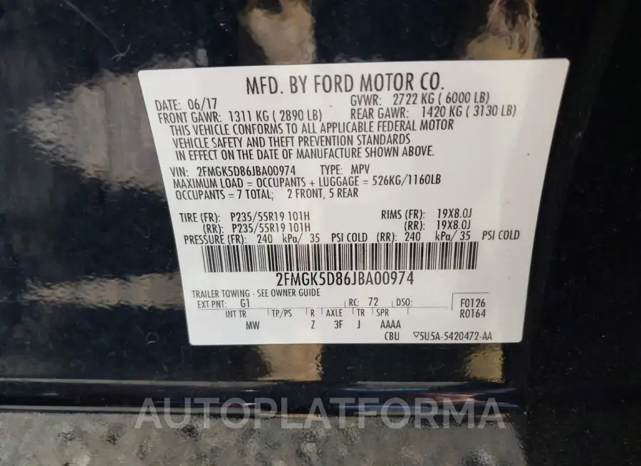 FORD FLEX 2018 vin 2FMGK5D86JBA00974 from auto auction Iaai