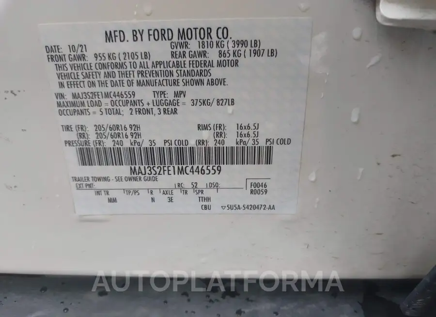 FORD ECOSPORT 2021 vin MAJ3S2FE1MC446559 from auto auction Iaai