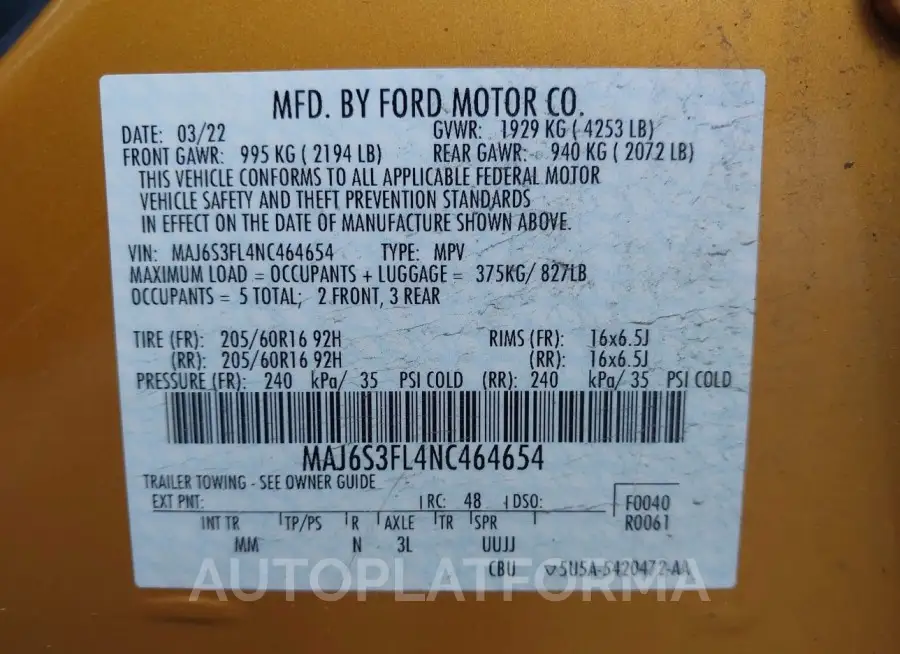 FORD ECOSPORT 2022 vin MAJ6S3FL4NC464654 from auto auction Iaai