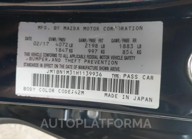 MAZDA MAZDA3 2017 vin JM1BN1M31H1139936 from auto auction Iaai