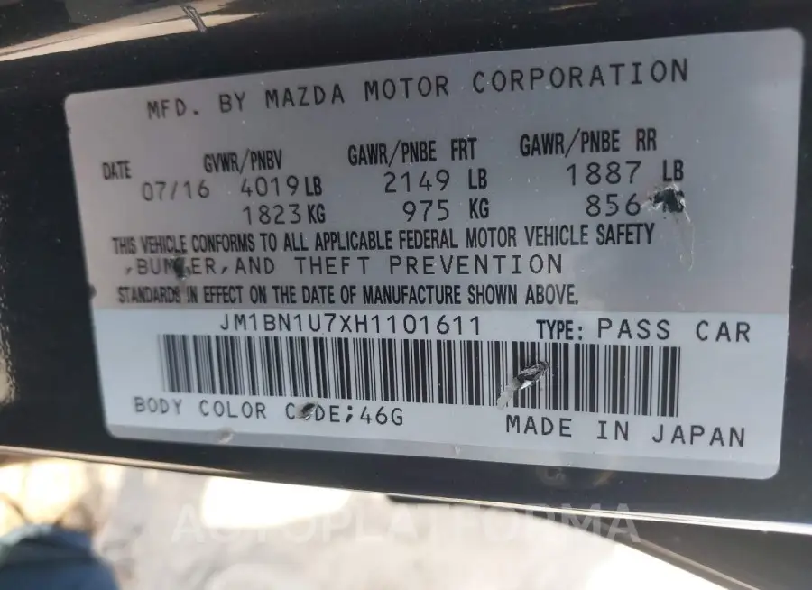 MAZDA MAZDA3 2017 vin JM1BN1U7XH1101611 from auto auction Iaai