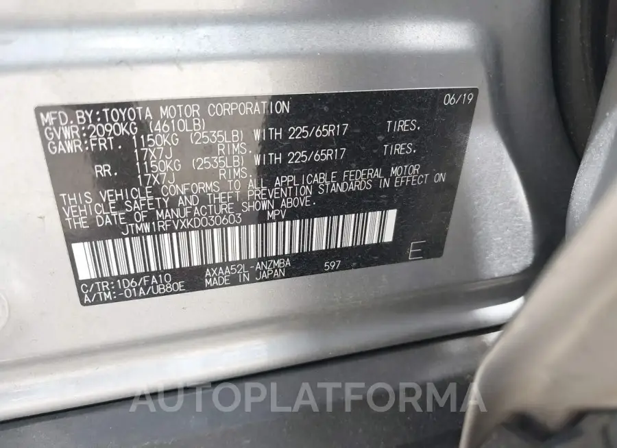 TOYOTA RAV4 2019 vin JTMW1RFVXKD030603 from auto auction Iaai