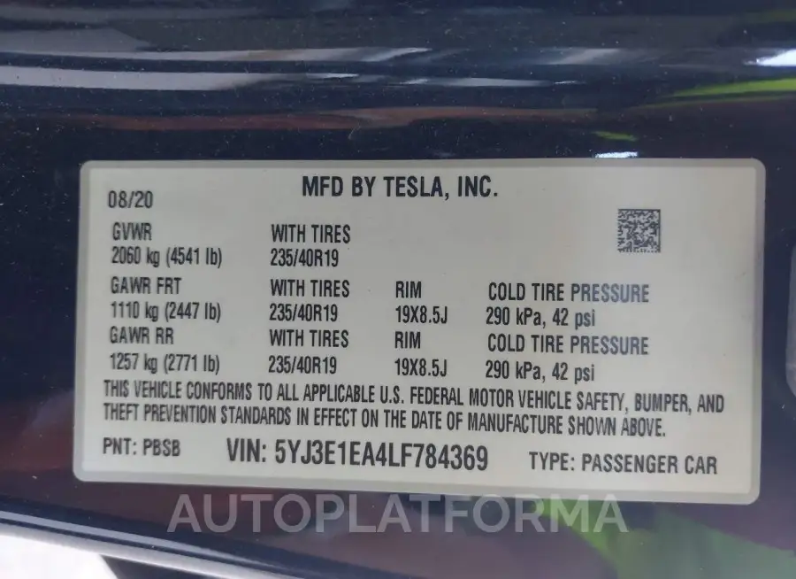 TESLA MODEL 3 2020 vin 5YJ3E1EA4LF784369 from auto auction Iaai