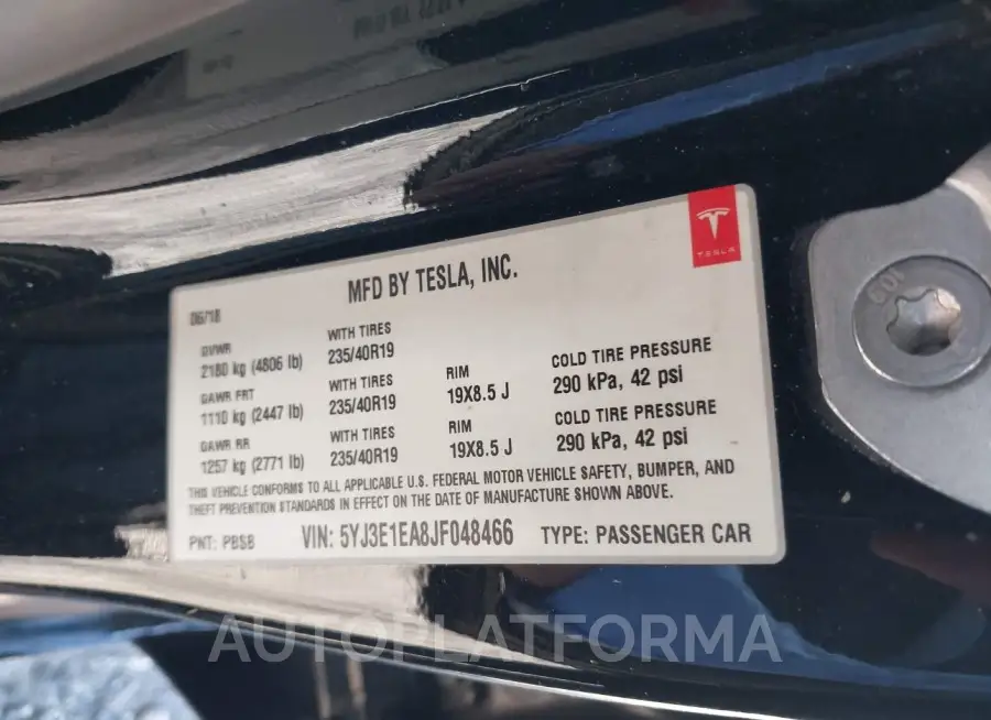 TESLA MODEL 3 2018 vin 5YJ3E1EA8JF048466 from auto auction Iaai