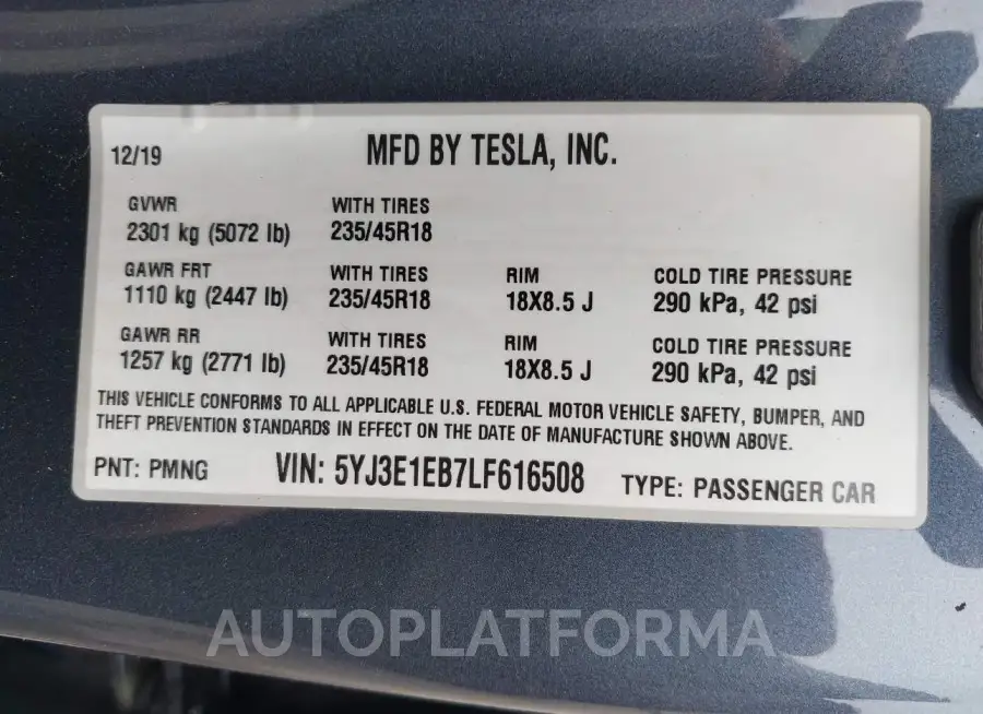 TESLA MODEL 3 2020 vin 5YJ3E1EB7LF616508 from auto auction Iaai