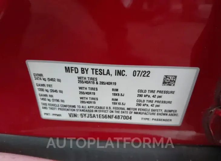 TESLA MODEL S 2022 vin 5YJSA1E56NF487004 from auto auction Iaai