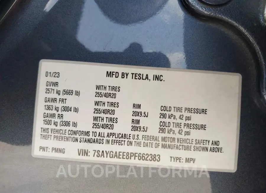 TESLA MODEL Y 2023 vin 7SAYGAEE8PF662383 from auto auction Iaai