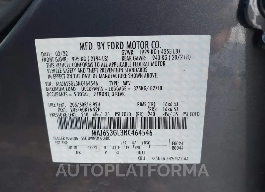 FORD ECOSPORT 2022 vin MAJ6S3GL3NC464546 from auto auction Iaai