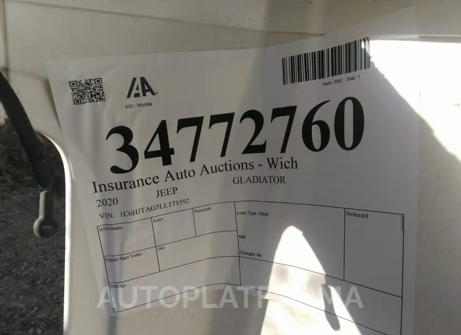 JEEP GLADIATOR 2020 vin 1C6HJTAG5LL171592 from auto auction Iaai