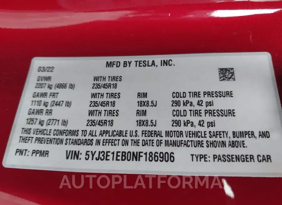 TESLA MODEL 3 2022 vin 5YJ3E1EB0NF186906 from auto auction Iaai