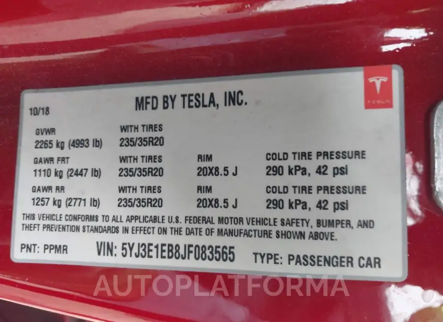 TESLA MODEL 3 2018 vin 5YJ3E1EB8JF083565 from auto auction Iaai