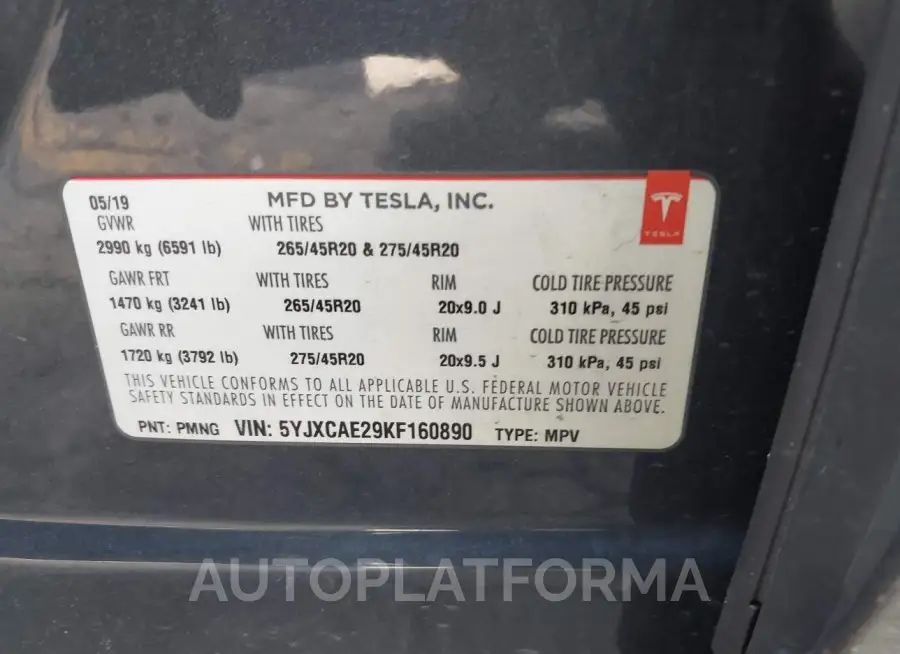 TESLA MODEL X 2019 vin 5YJXCAE29KF160890 from auto auction Iaai