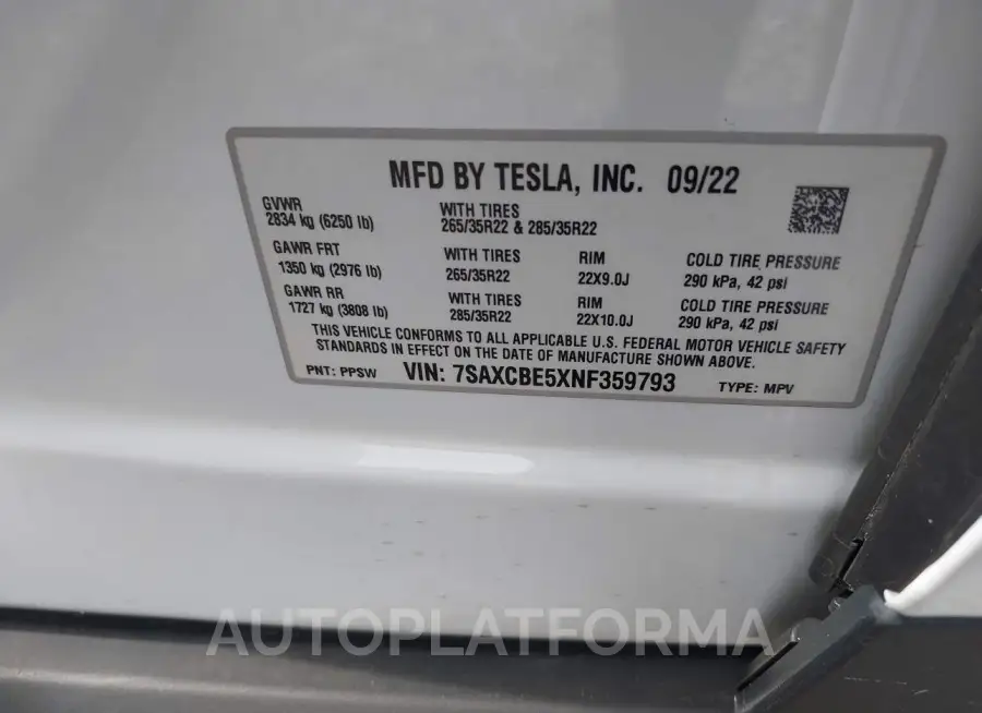 TESLA MODEL X 2022 vin 7SAXCBE5XNF359793 from auto auction Iaai