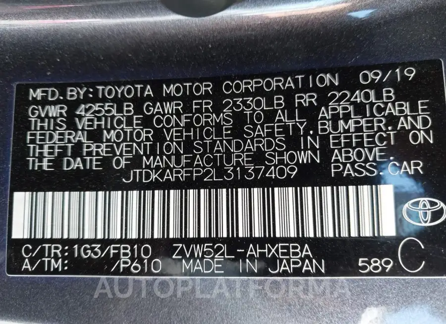 TOYOTA PRIUS PRIME 2020 vin JTDKARFP2L3137409 from auto auction Iaai