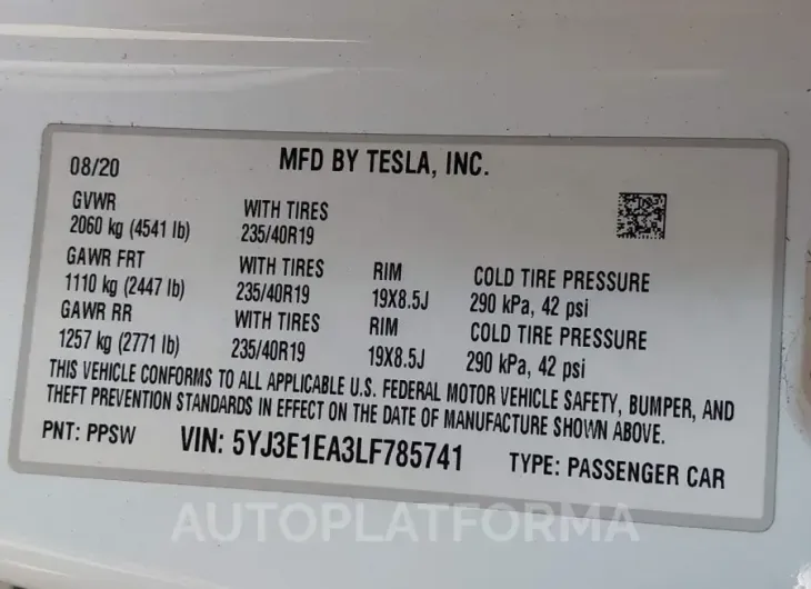 TESLA MODEL 3 2020 vin 5YJ3E1EA3LF785741 from auto auction Iaai