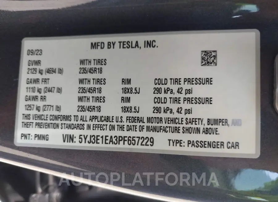 TESLA MODEL 3 2023 vin 5YJ3E1EA3PF657229 from auto auction Iaai