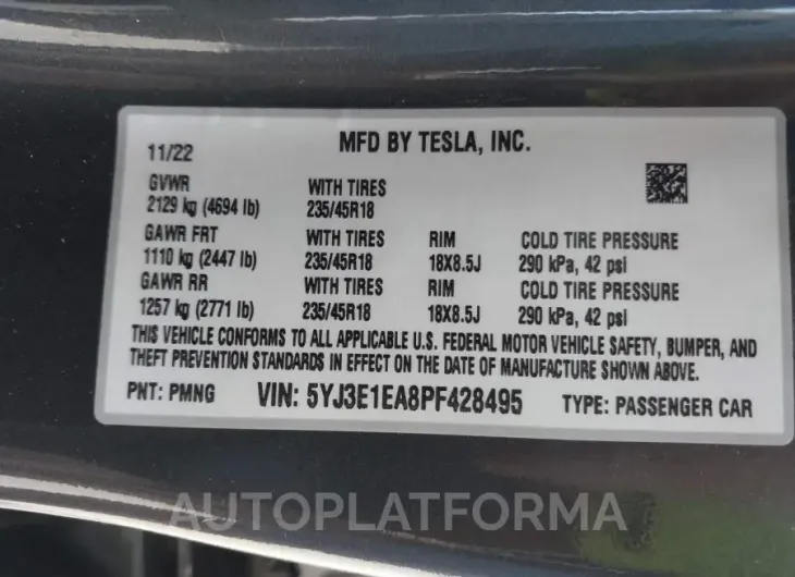 TESLA MODEL 3 2023 vin 5YJ3E1EA8PF428495 from auto auction Iaai