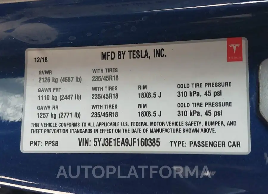 TESLA MODEL 3 2018 vin 5YJ3E1EA9JF160385 from auto auction Iaai