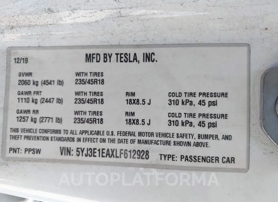 TESLA MODEL 3 2020 vin 5YJ3E1EAXLF612928 from auto auction Iaai