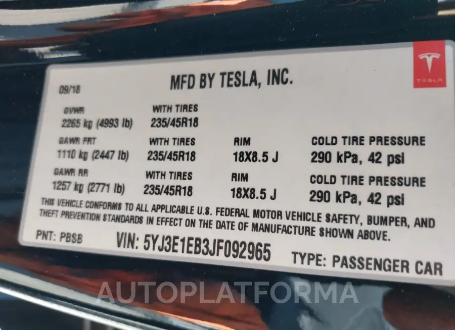 TESLA MODEL 3 2018 vin 5YJ3E1EB3JF092965 from auto auction Iaai