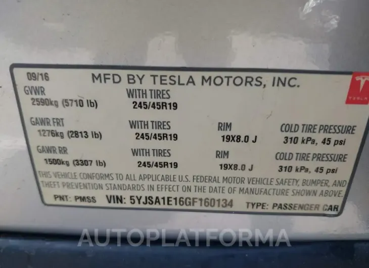 TESLA MODEL S 2016 vin 5YJSA1E16GF160134 from auto auction Iaai