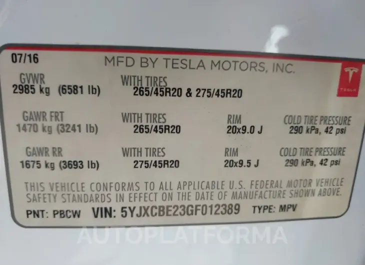 TESLA MODEL X 2016 vin 5YJXCBE23GF012389 from auto auction Iaai