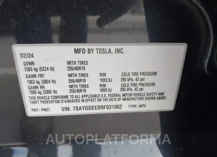 TESLA MODEL Y 2024 vin 7SAYGDEE8RF031962 from auto auction Iaai