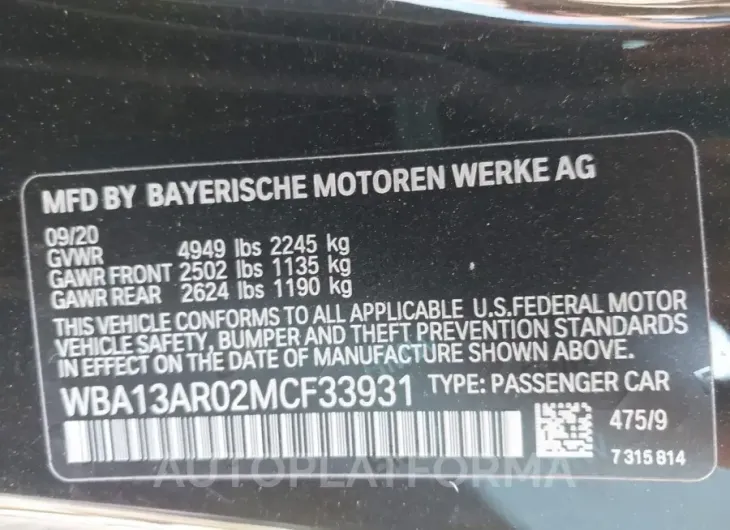 BMW M440I 2021 vin WBA13AR02MCF33931 from auto auction Iaai