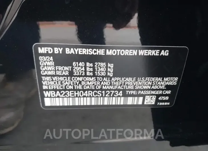 BMW 740 2024 vin WBA23EH04RCS12734 from auto auction Iaai