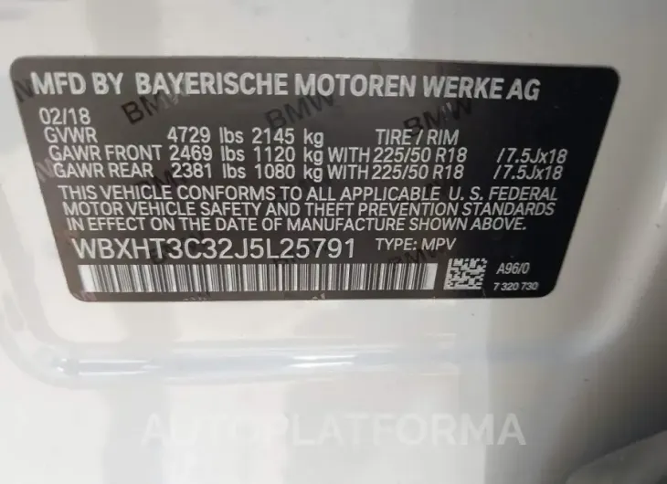 BMW X1 2018 vin WBXHT3C32J5L25791 from auto auction Iaai