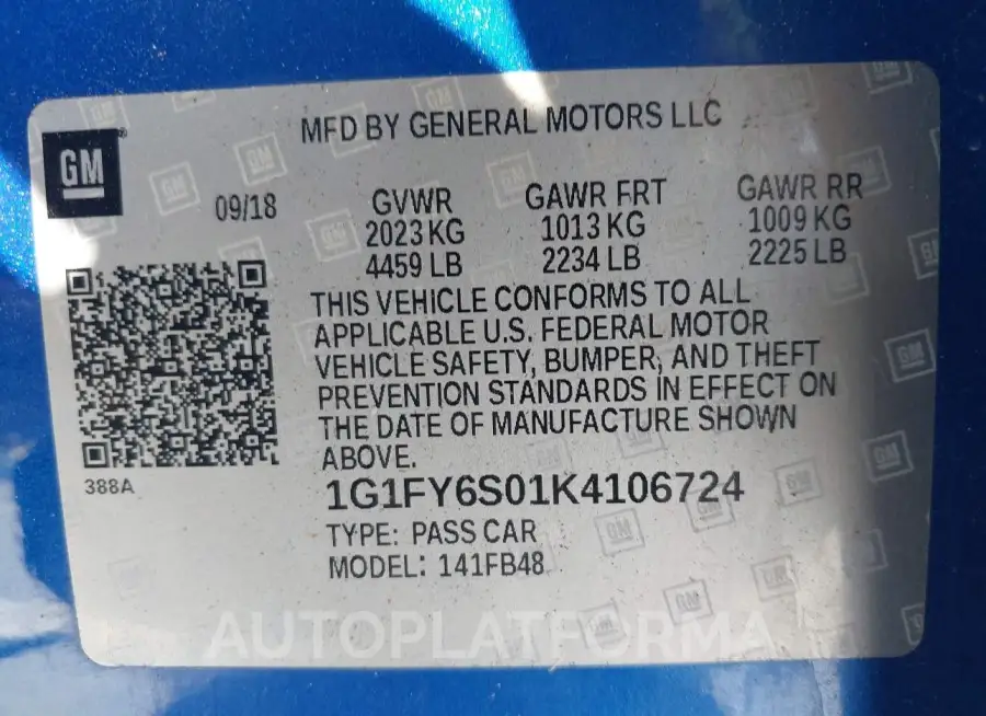 CHEVROLET BOLT EV 2019 vin 1G1FY6S01K4106724 from auto auction Iaai