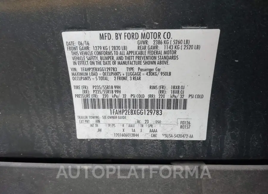 FORD TAURUS 2016 vin 1FAHP2E8XGG129783 from auto auction Iaai